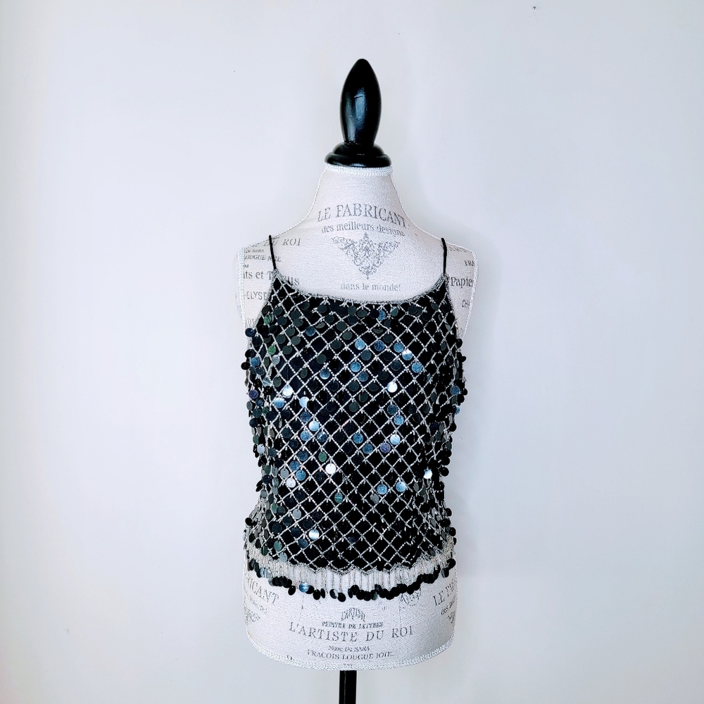 Laurence Kazar | Silk Beaded Sequin Thin Strap Top